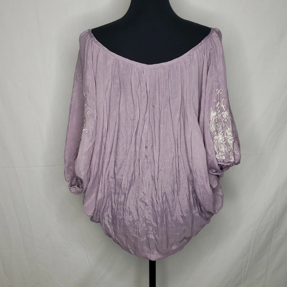 Gemstone Boat Neck Embroidered Lantern Long Sleeves Blouse Top Size M Bohemian